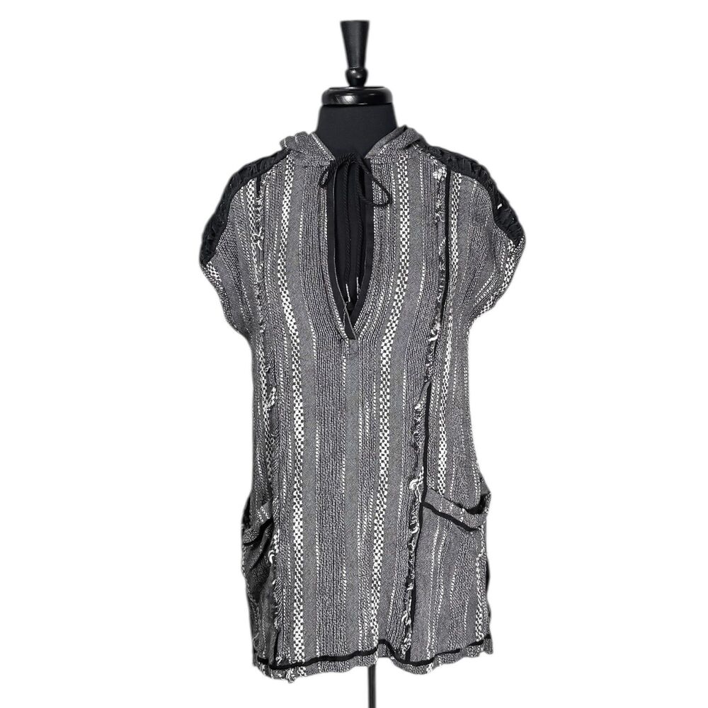 Free People XS Forever Yours Hooded Crochet Boho Stripe Knit Tunic Top Black